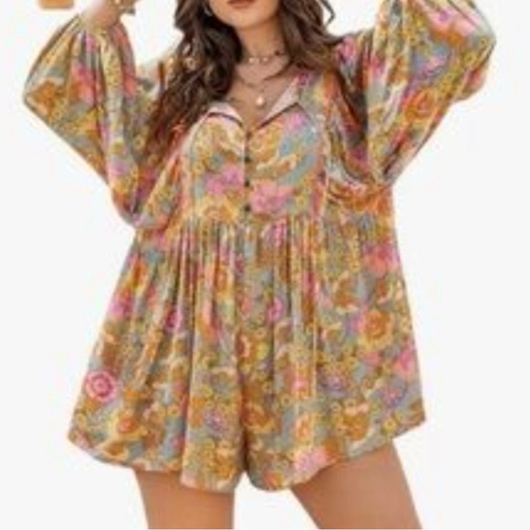 Floral Boho Romper Jumpsuit with Balloon Sleeves - Size: XL - Picture 12 of 12
